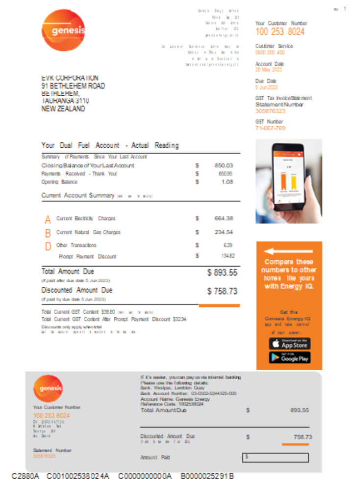 Genesis Gas utility business bill, Word and PDF template, page 1 SCR PSD template